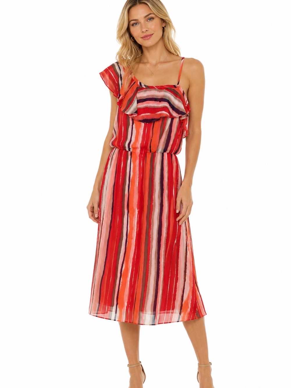 Shelby & Palmer One Shoulder Multicolor Midi Spring Dress Size 8